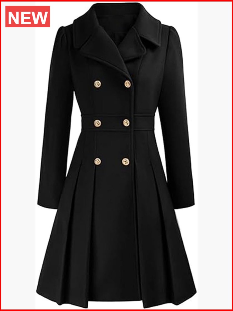 Double Breasted Trench Coat Notch Lapel A-Line Flared Pleated Wool Blend Pea